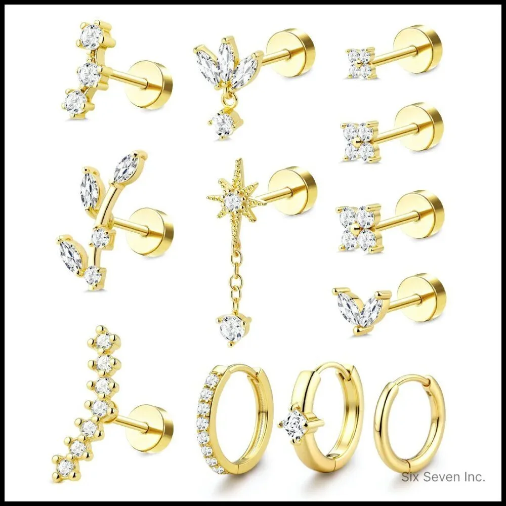 Hypoallergenic Surgical Steel Cartilage Earrings Flat Back Stud Hoop Set